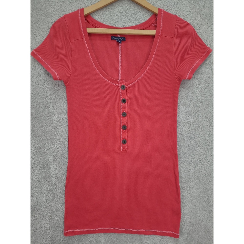 Vintage American‎ Eagle Outfitters Womens Sz Lg Ribbed Henley Top Coral Red Y2K
